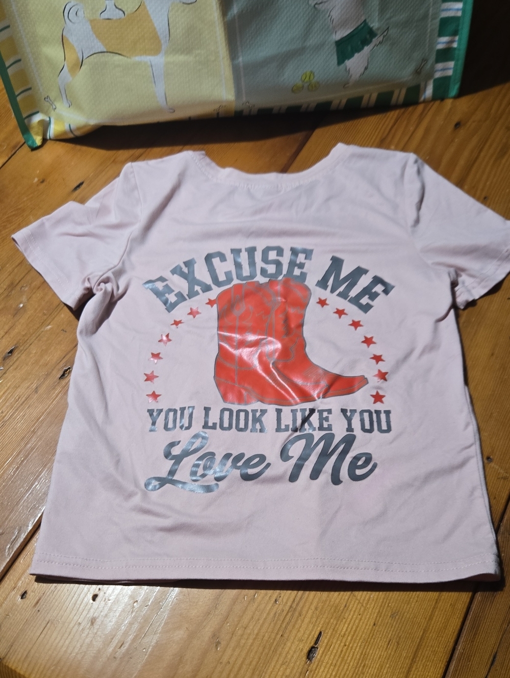 Pink Graphic Tee with Red Boot Print Excuse Me You Look Like You Love Me Sz 6